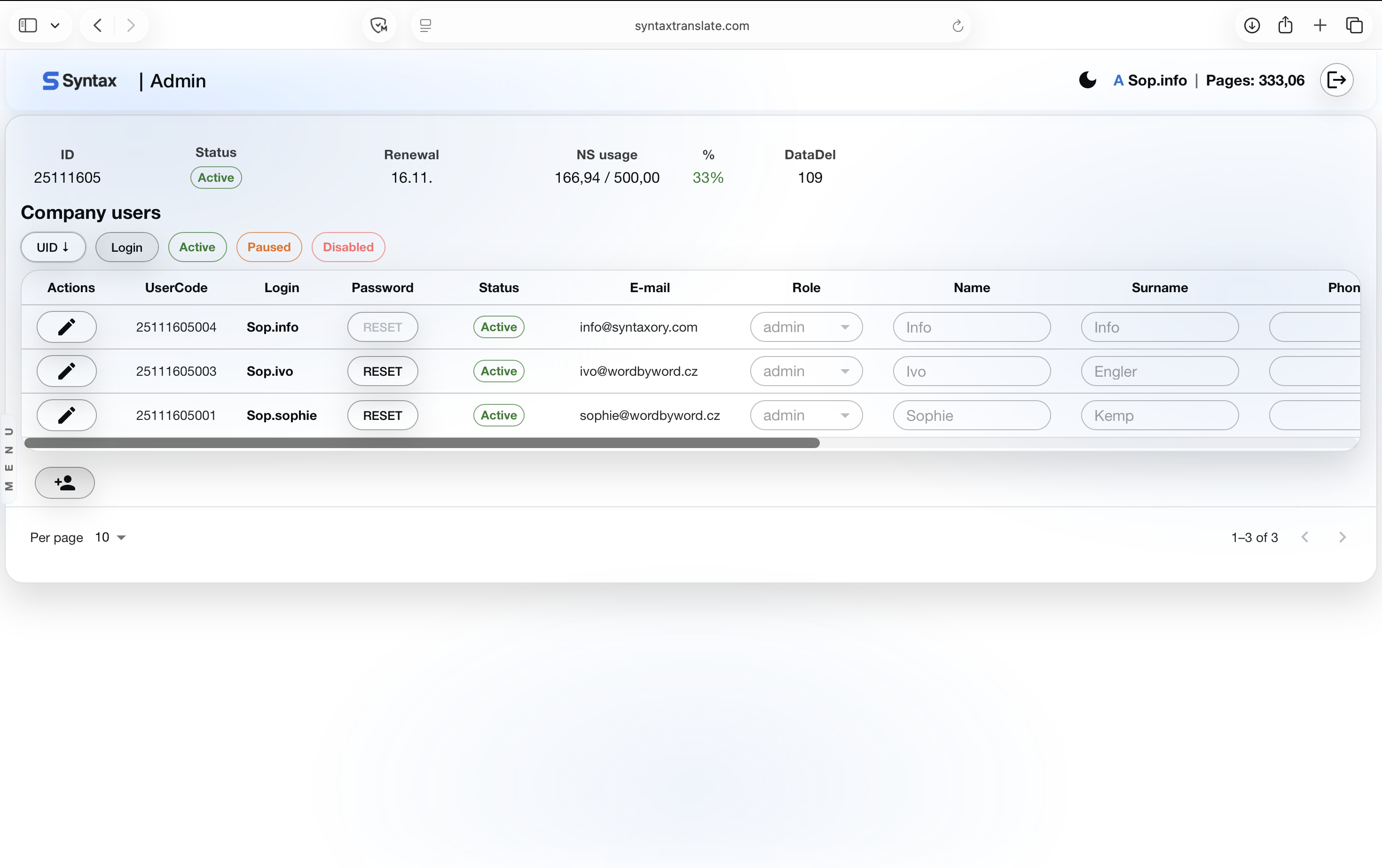 Syntax Translate — administrační panel pro správu uživatelů
