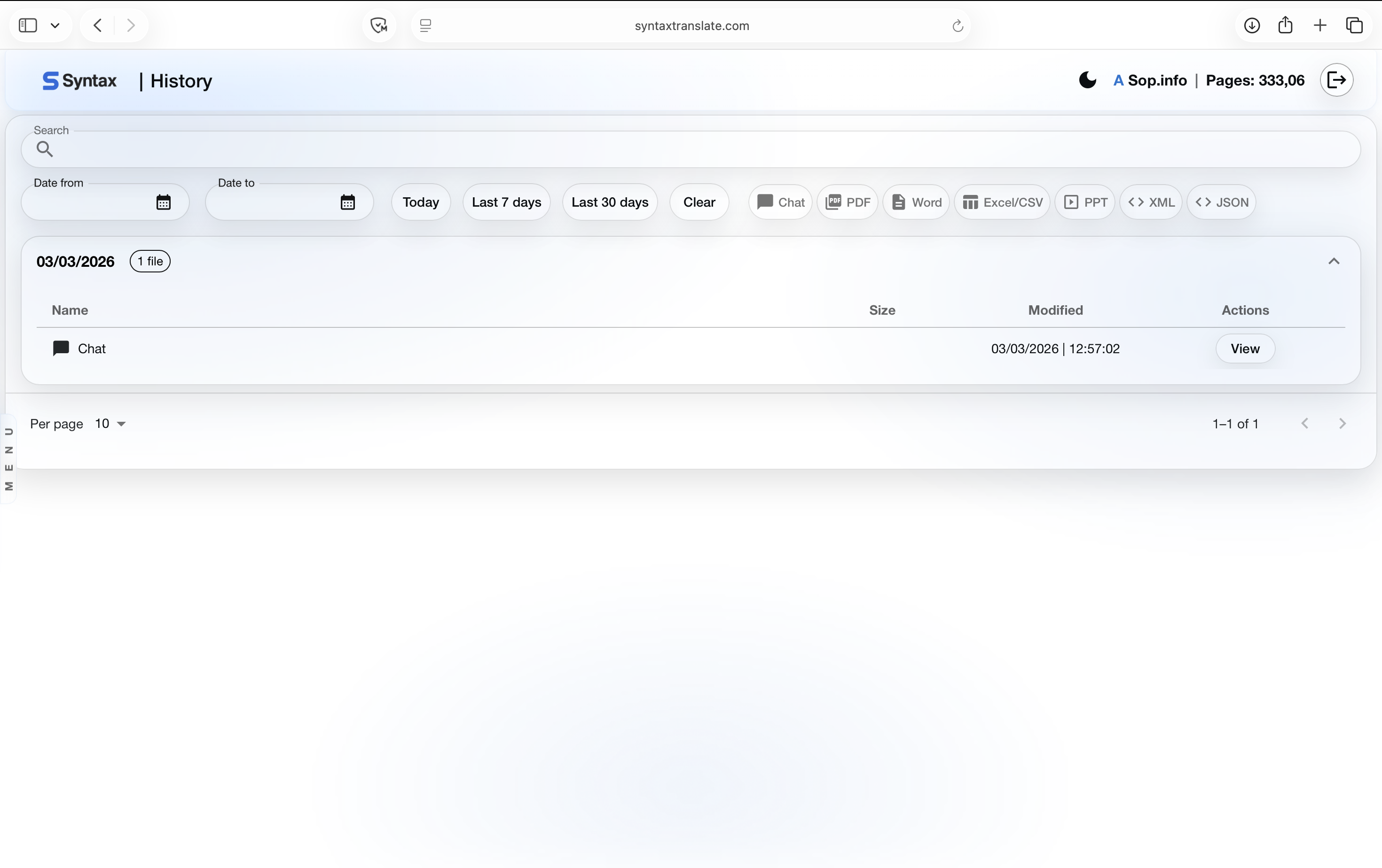 Syntax Translate — přehled historie překladů s detaily