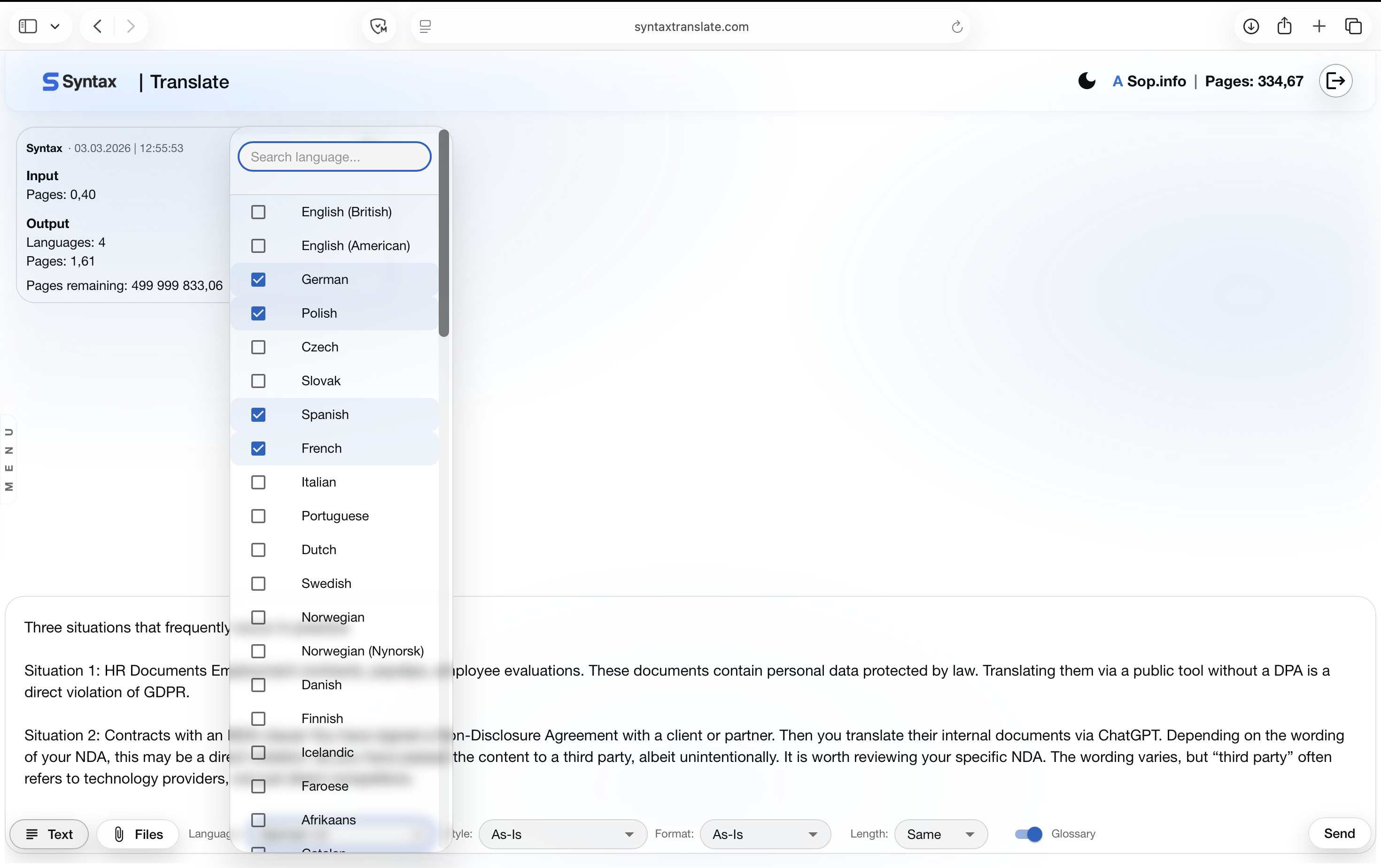 Syntax Translate — rozhraní pro nahrání a překlad dokumentu